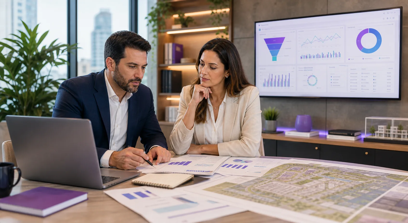 Equipe comercial analisando mapa de empreendimento, leads e operação imobiliária