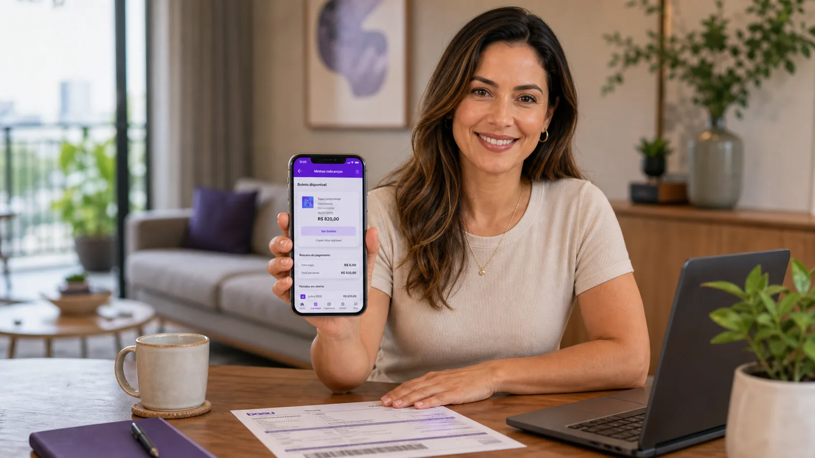 Moradora consultando boleto e informações financeiras do condomínio pelo celular