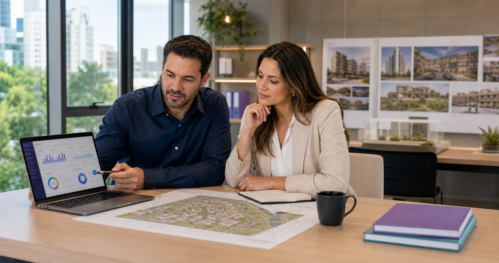 Equipe imobiliária analisando mapa de empreendimento, leads e jornada comercial