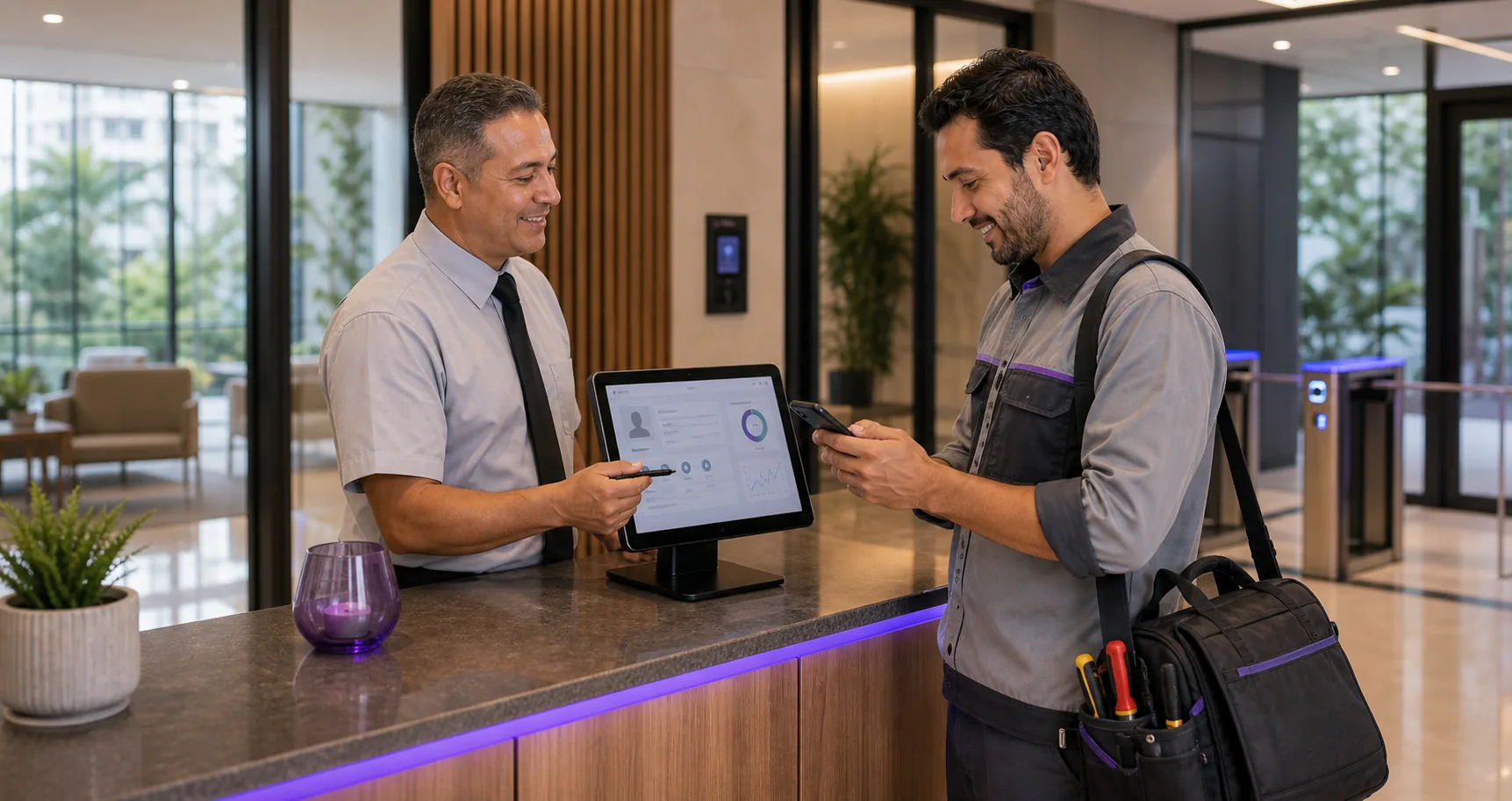 Porteiro realizando check-in de prestador de serviço em condomínio