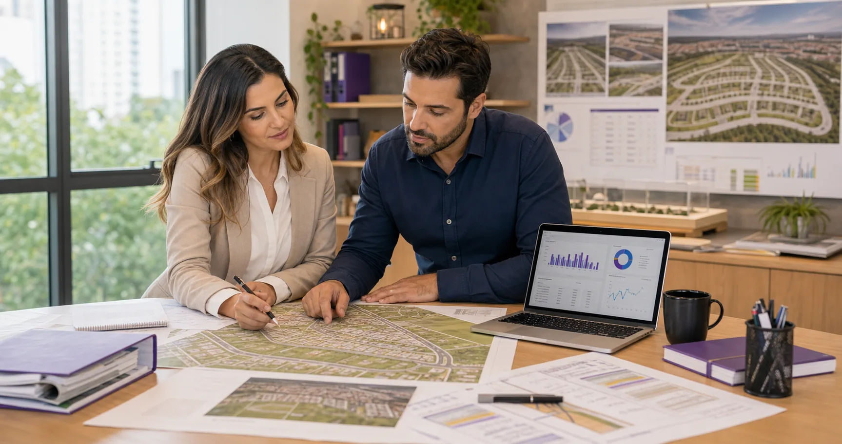 Equipe comercial de incorporadora analisando mapa de empreendimento e funil de vendas