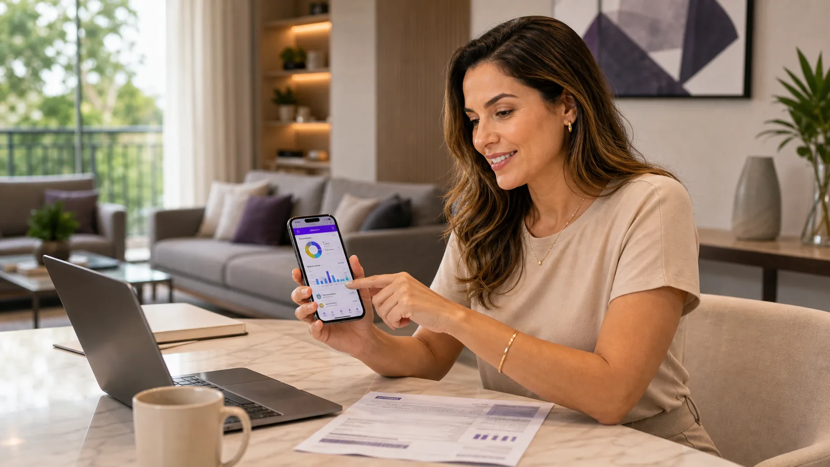 Moradora consultando informações financeiras do condomínio no aplicativo pelo celular
