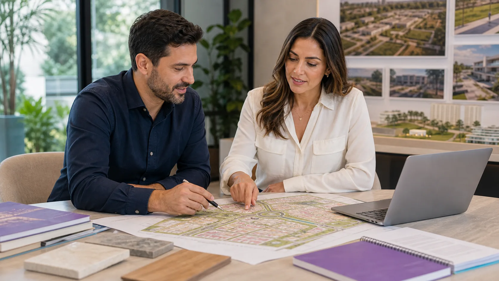 Equipe de loteadora analisando mapa de lotes, parcelas e operação comercial